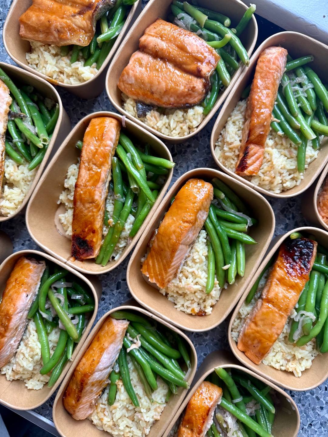 Miso salmon meal prep with green beans, shallots, and brown rice
